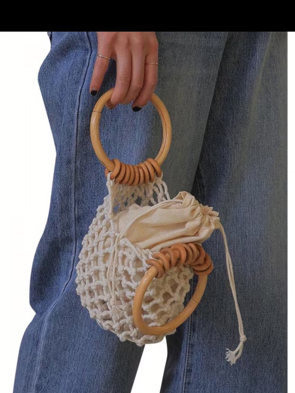 Affordable Fashion Finds Natural Beige Macramé Mini Bag with Wooden Rings - Picture 5 of 6